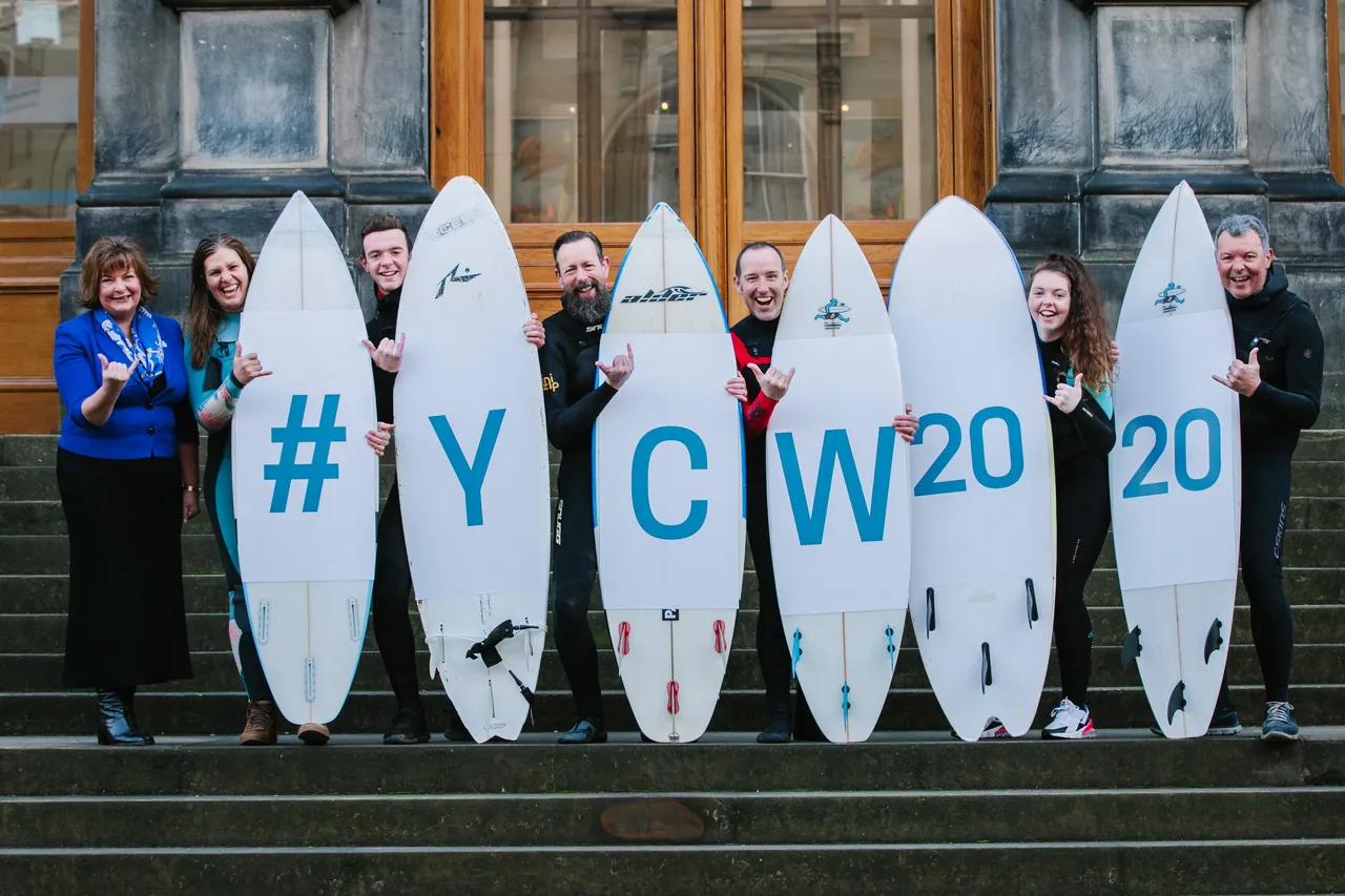 Surfers celebrate 50 days to go until the Year of Coasts and Waters officially begins, with Tourism Secretary Fiona Hyslop, who announced 30 further events set to make a splash in 2020
