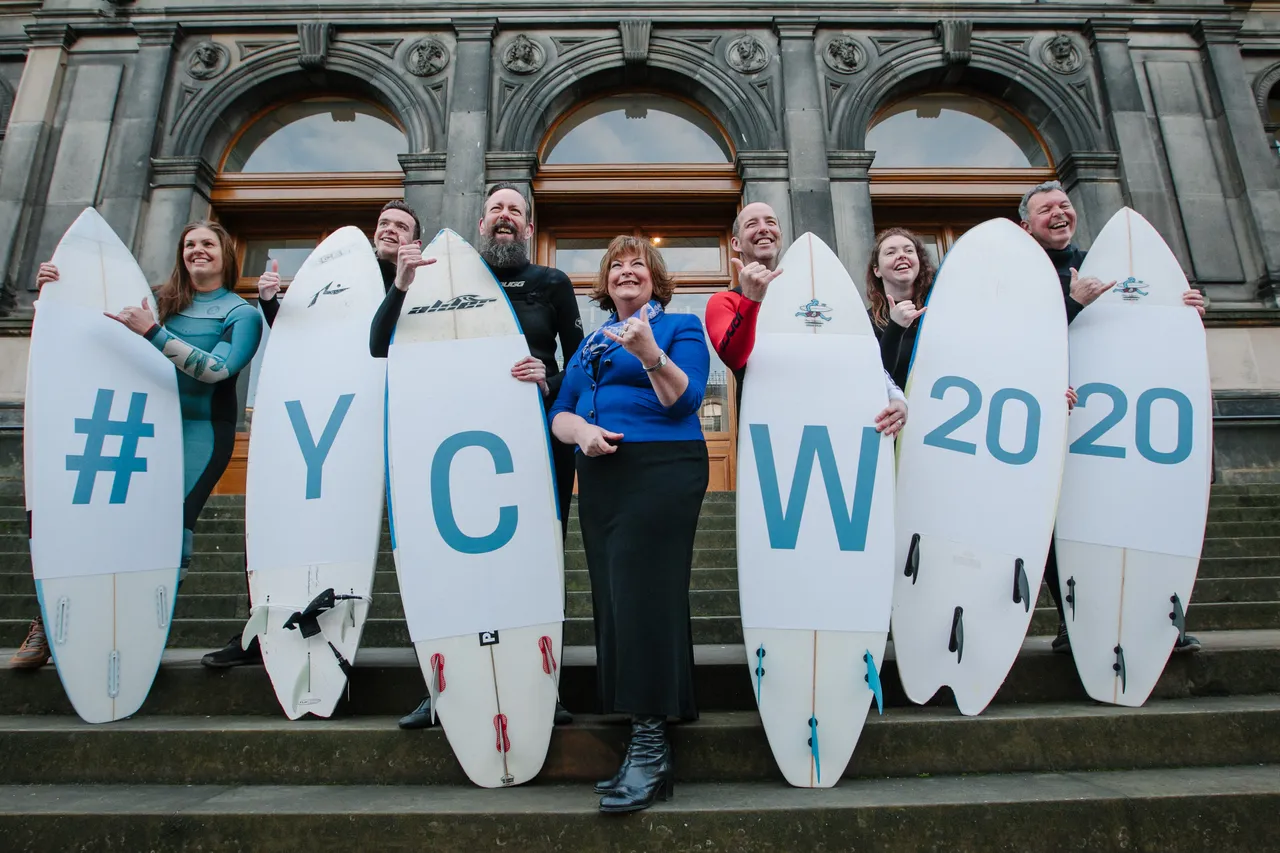 Surfers celebrate 50 days to go until the Year of Coasts and Waters 2020