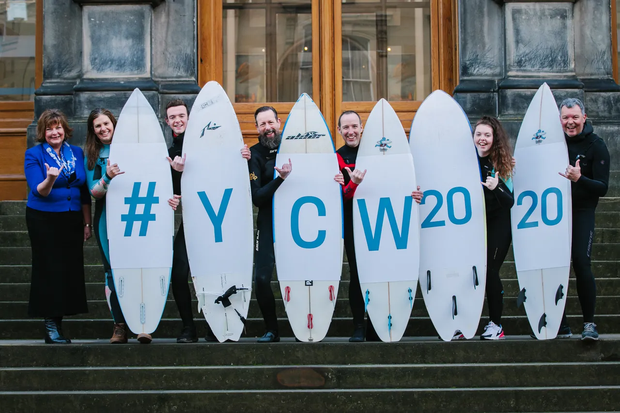 Surfers celebrate 50 days to go until the Year of Coasts and Waters 2020