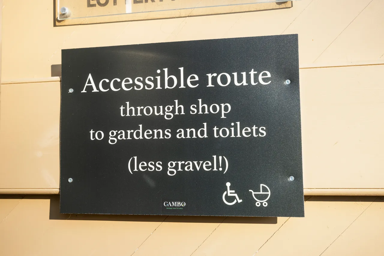Accessibility sign at Cambo Gardens