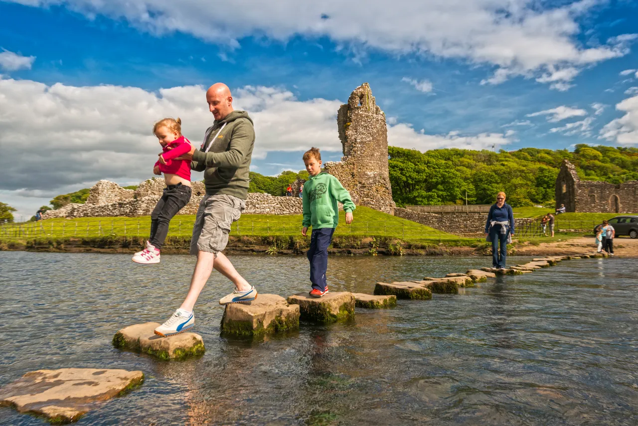 Stepping stones over Ogmore Ogwr river at Ogmore Castle