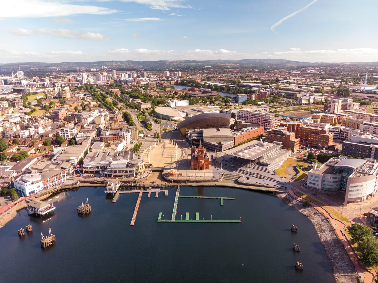 Cardiff Bay aerial photo including Pierhead Building, Wales Millennium Centre, Roald Dahl Plas/Oval Basin, Senedd, Tŷ Hywel.