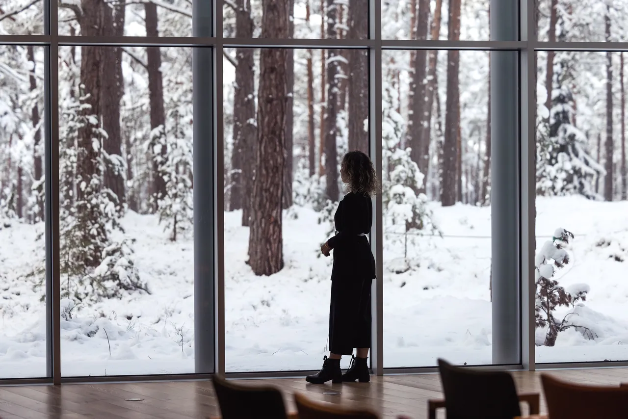 Woman looking out the window at snowy forest