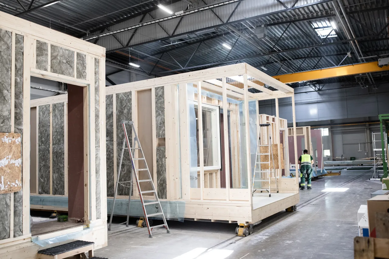 Wooden house modules on the production line