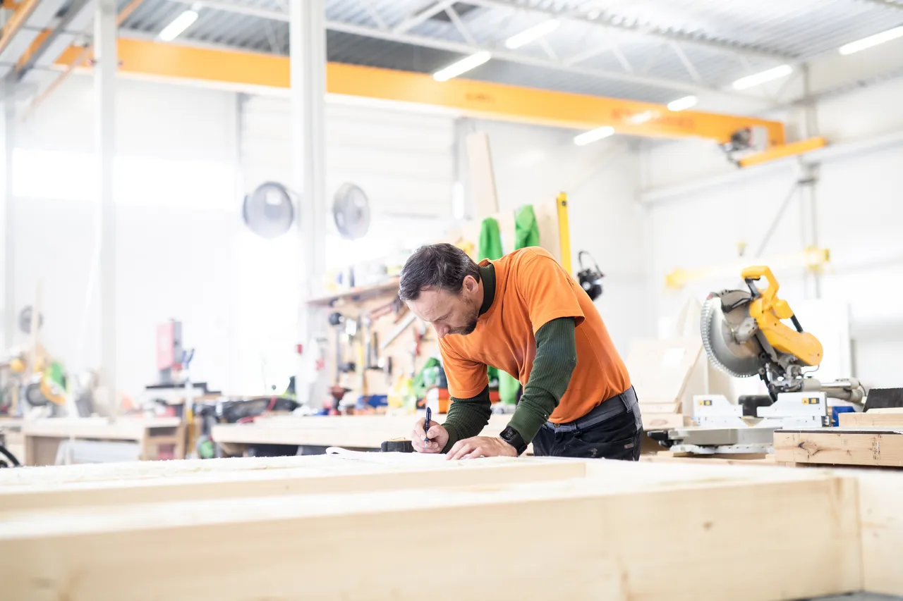 Wooden house modules on the production line