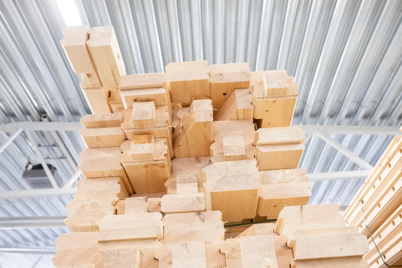 Stored wooden modular house elements ready to assemble