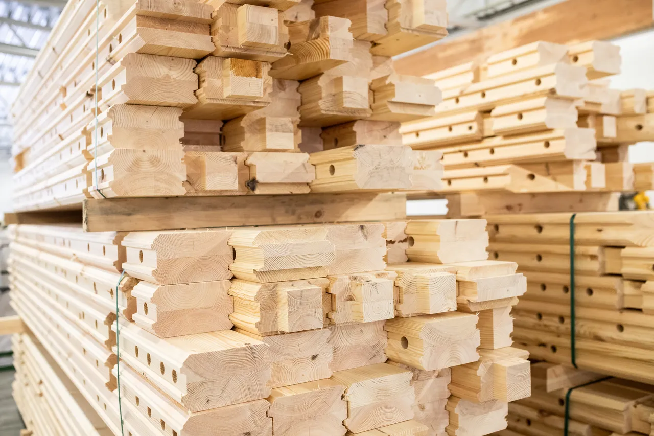 Stored wooden modular house elements ready to assemble