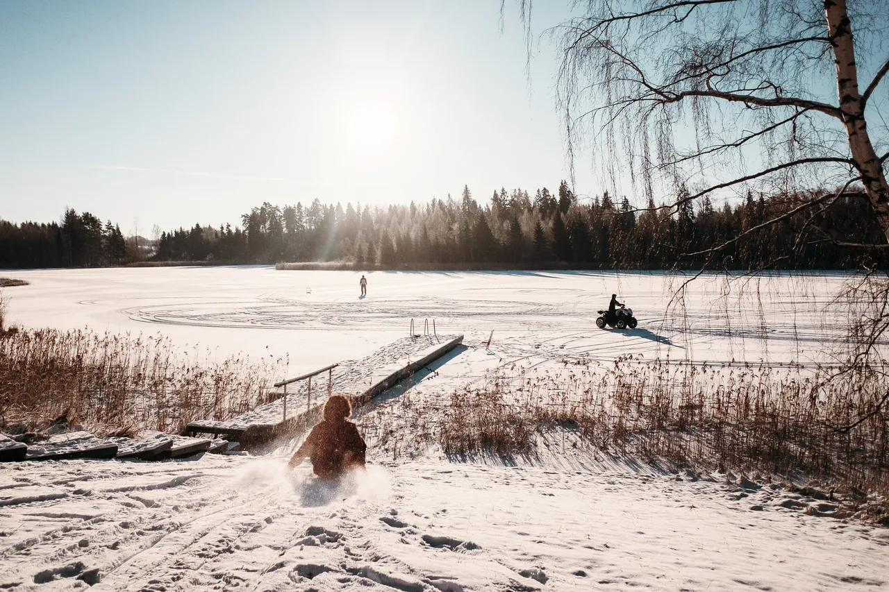 Kids playing in winter sunlight