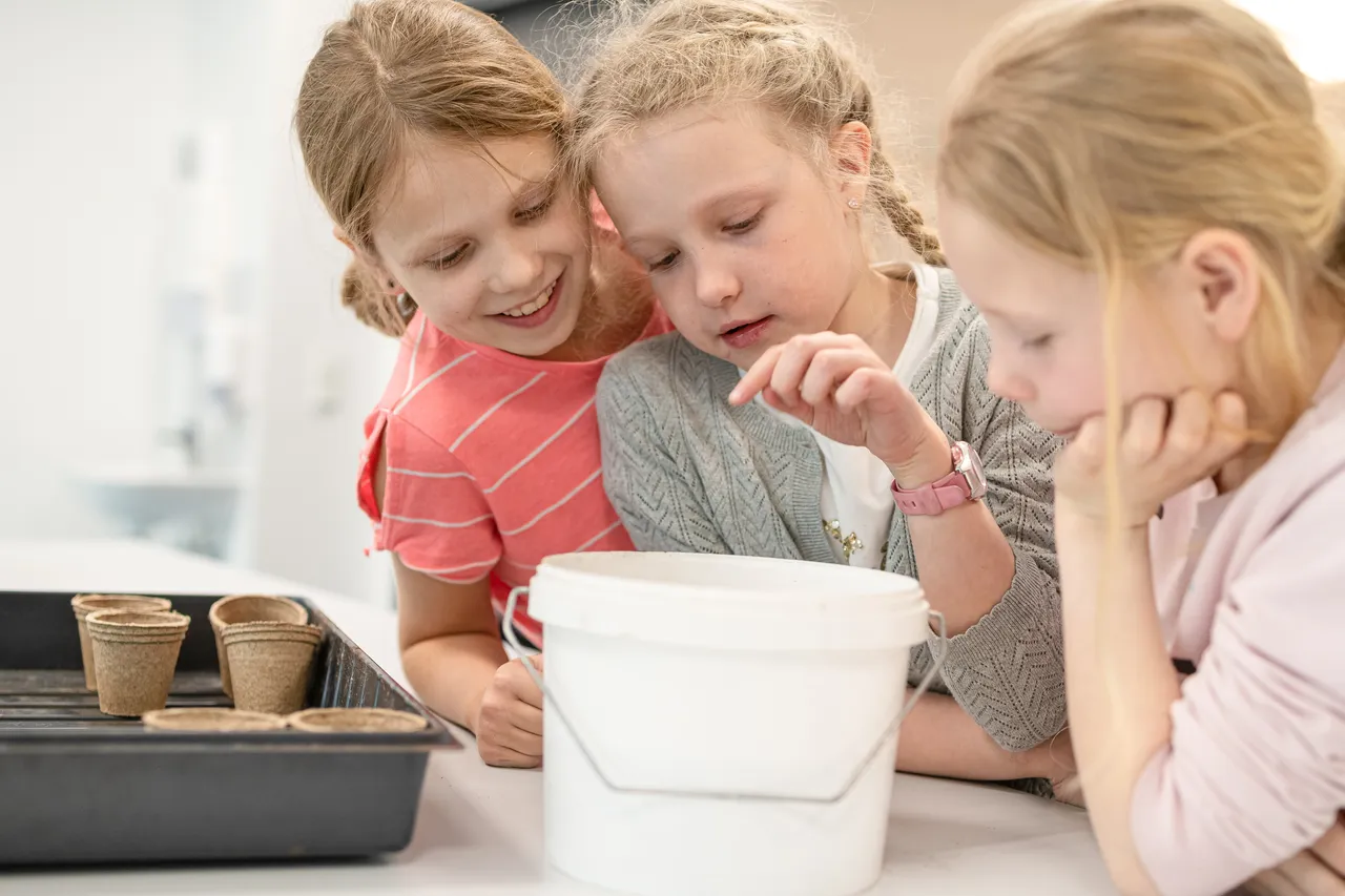 Children planting vegetables in classroom