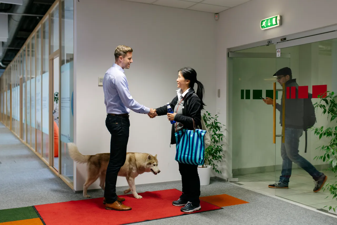Man and woman handshaking in office