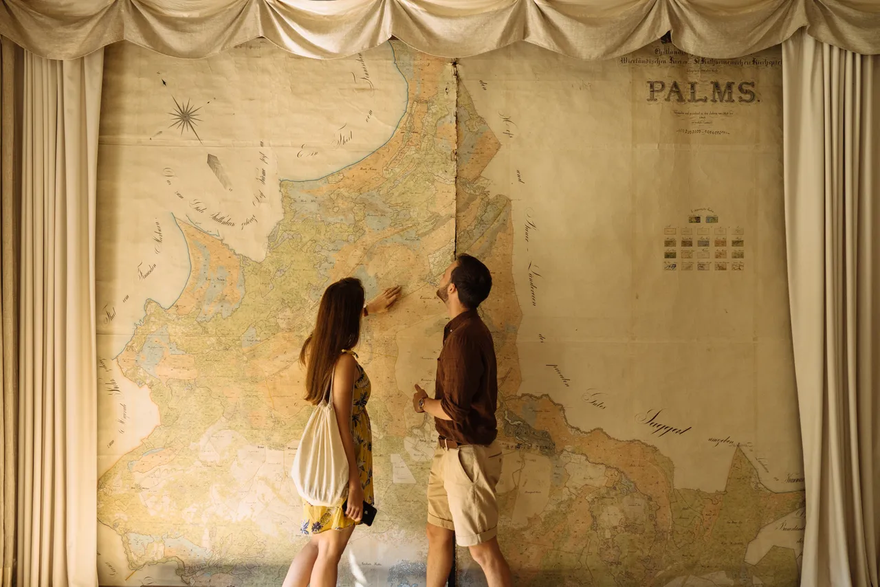 Couple in front of large map