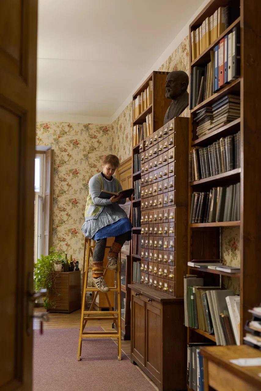 Female researcher working in a library