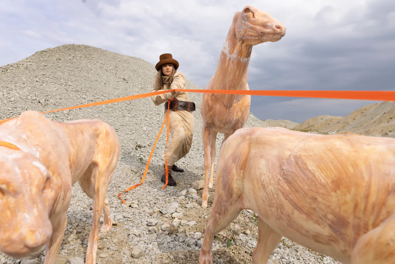 Edith Karlson with her animal sculptures in an outdoor setting.