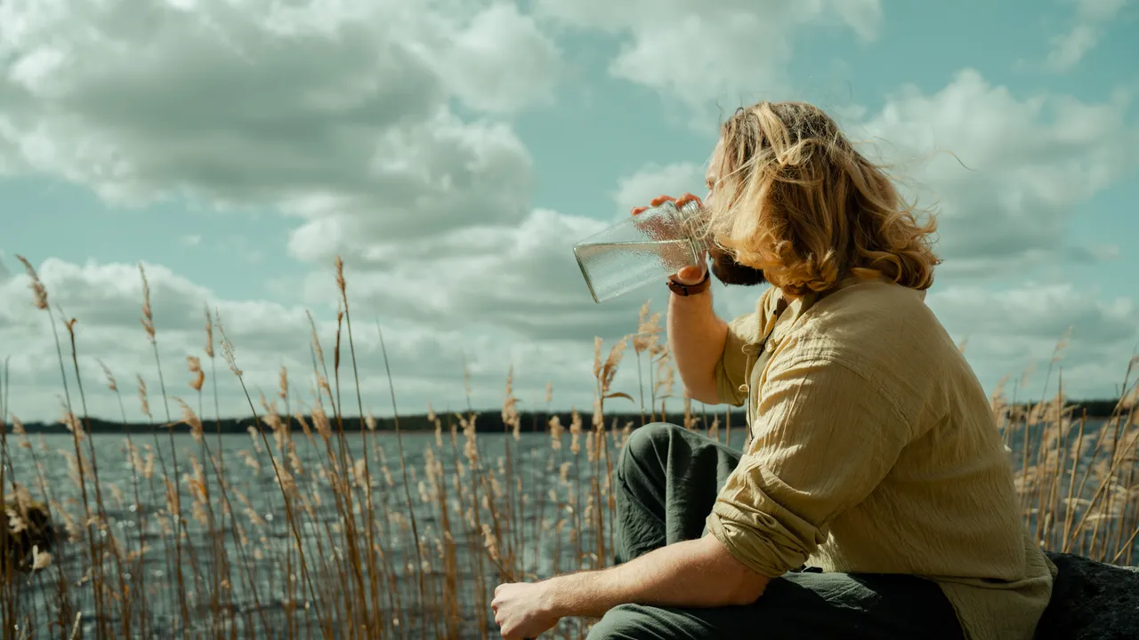 Man drinking birch sap