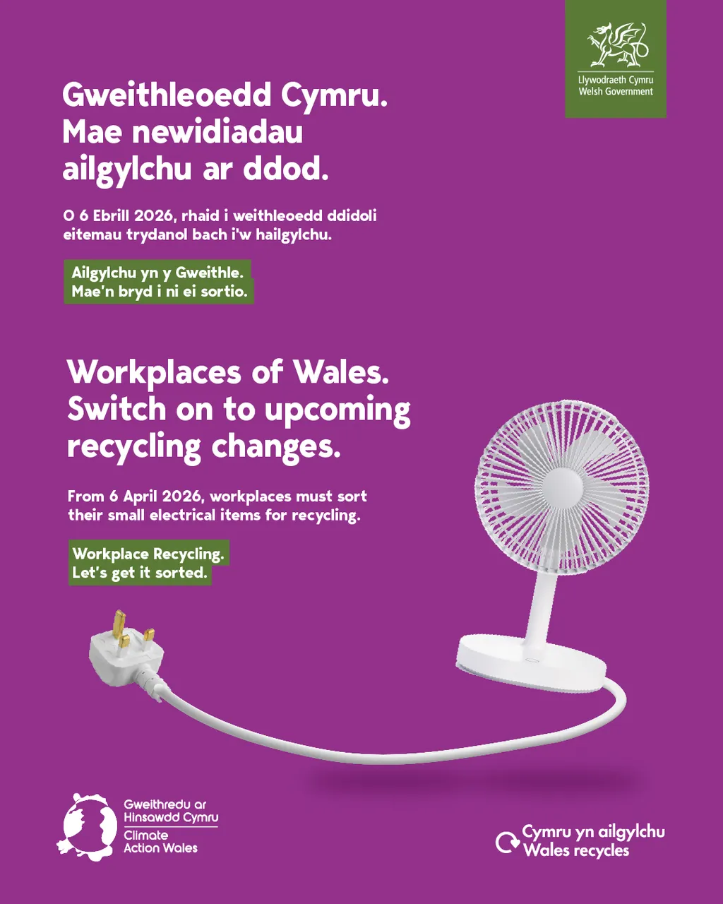 Ailgylchu yn y gweithle - Workplace recycling - Fan -portrait